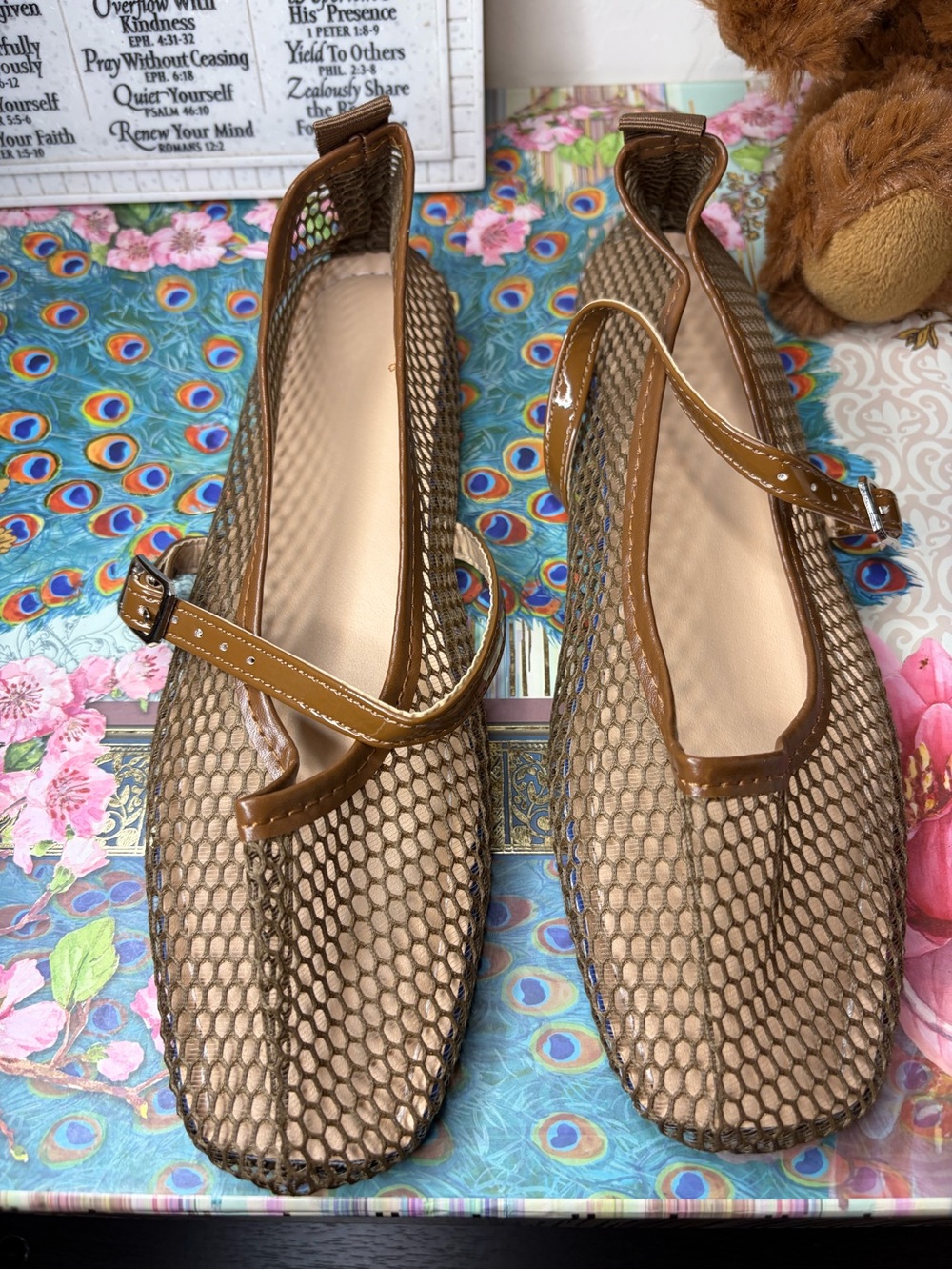 Brown Mesh Mary Jane Square Toe Ballet Flats EU 38 US 7-7.5